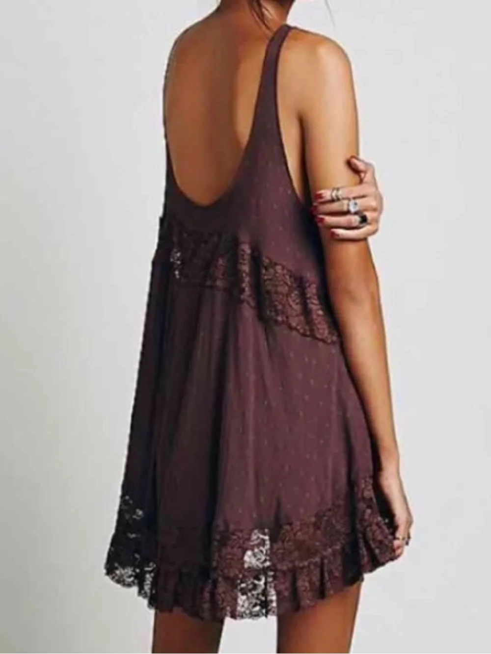 RARE Free People She Swings Slip Lace Mini Dress Medium Burgundy Brown Bohemian